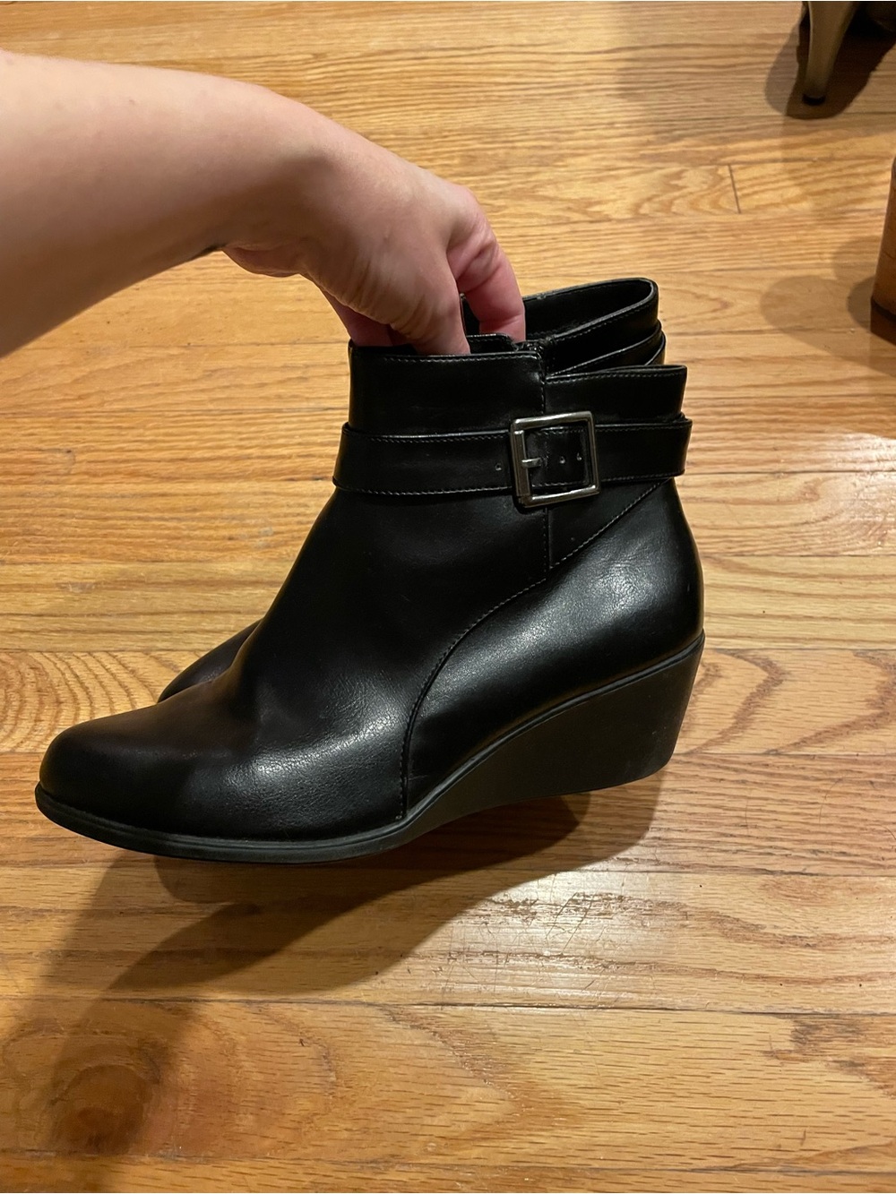 Comfort plus Women's Black low Wedge Ankle Boot with Buckle Strap